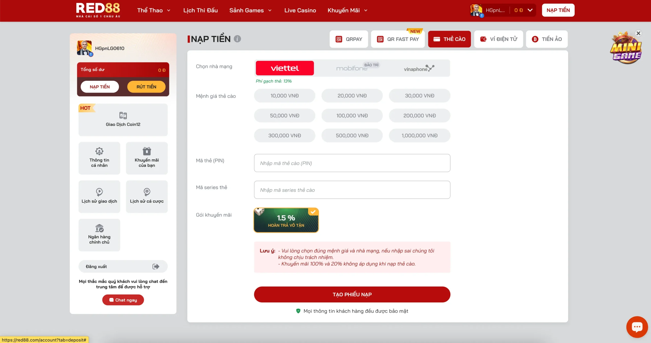 Nạp tiền Red88 bằng thẻ cào
